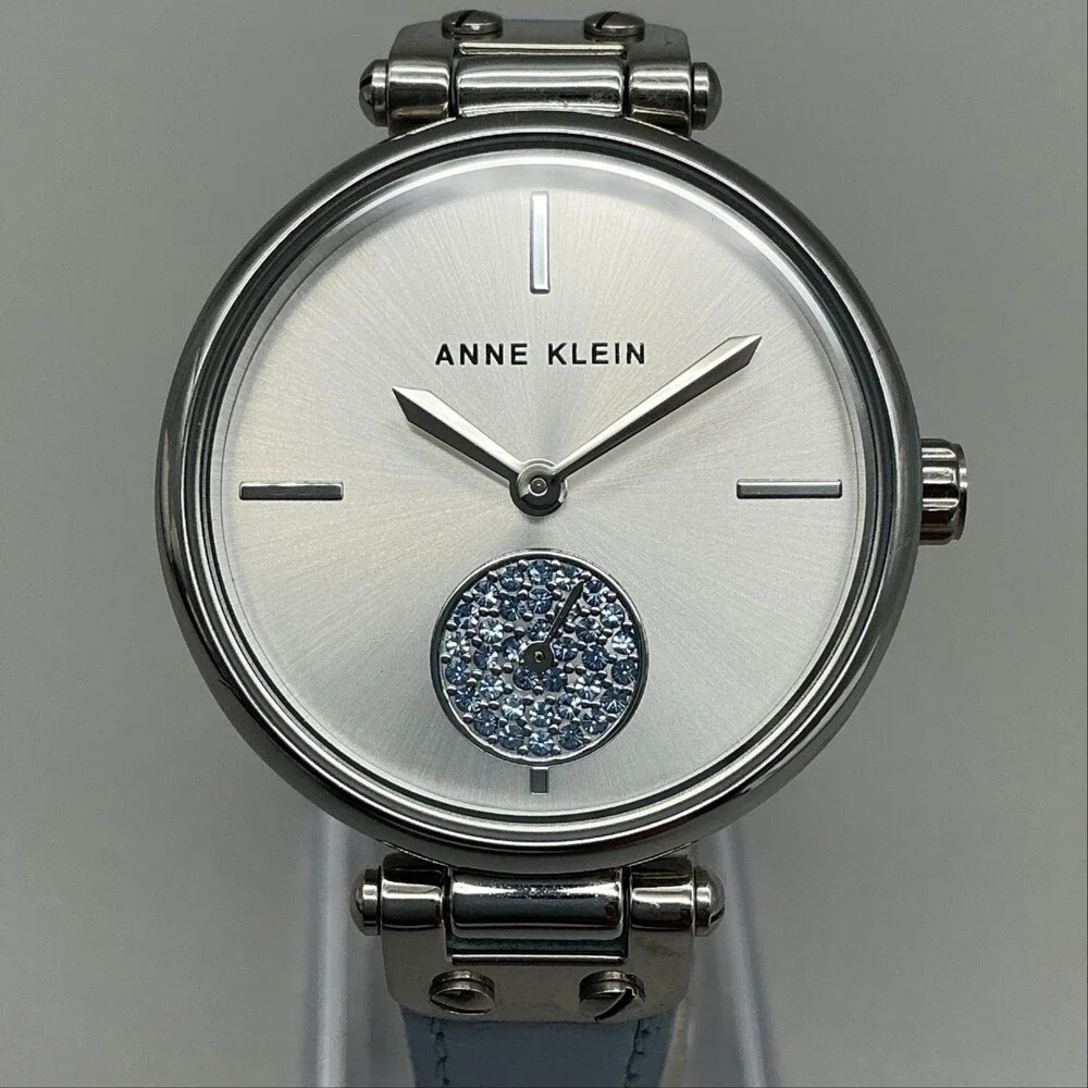Anne Klein Womens Watch 34mm Silver Tone Blue Leather AK/3384 New Battery